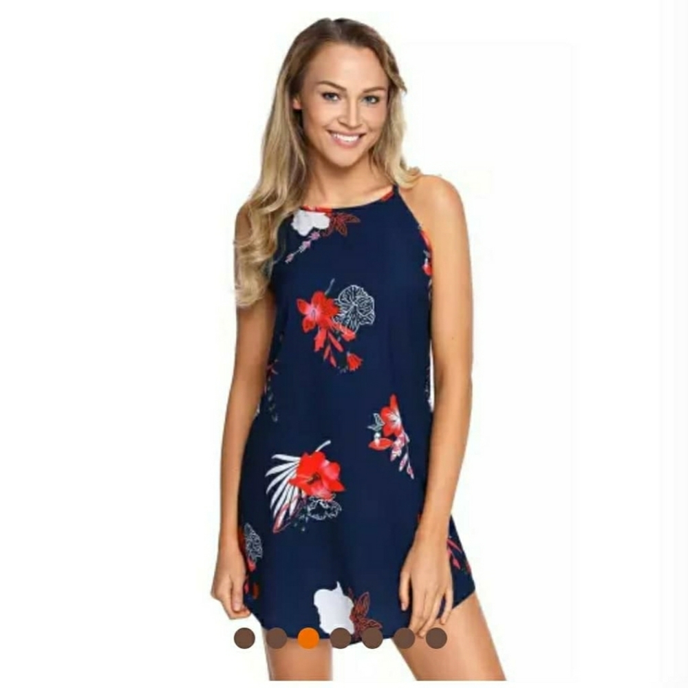 Blooming Red Flower Print Navy Boho Dress
